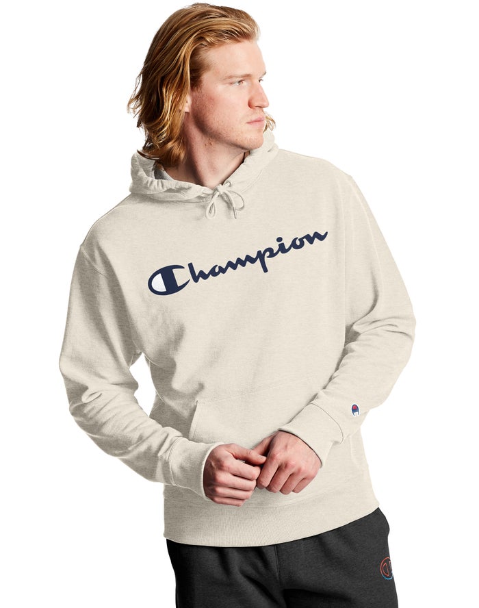 Champion Mens Hoodie NZ - Powerblend Fleece Script Logo Cream ( 6371-EFVBW )